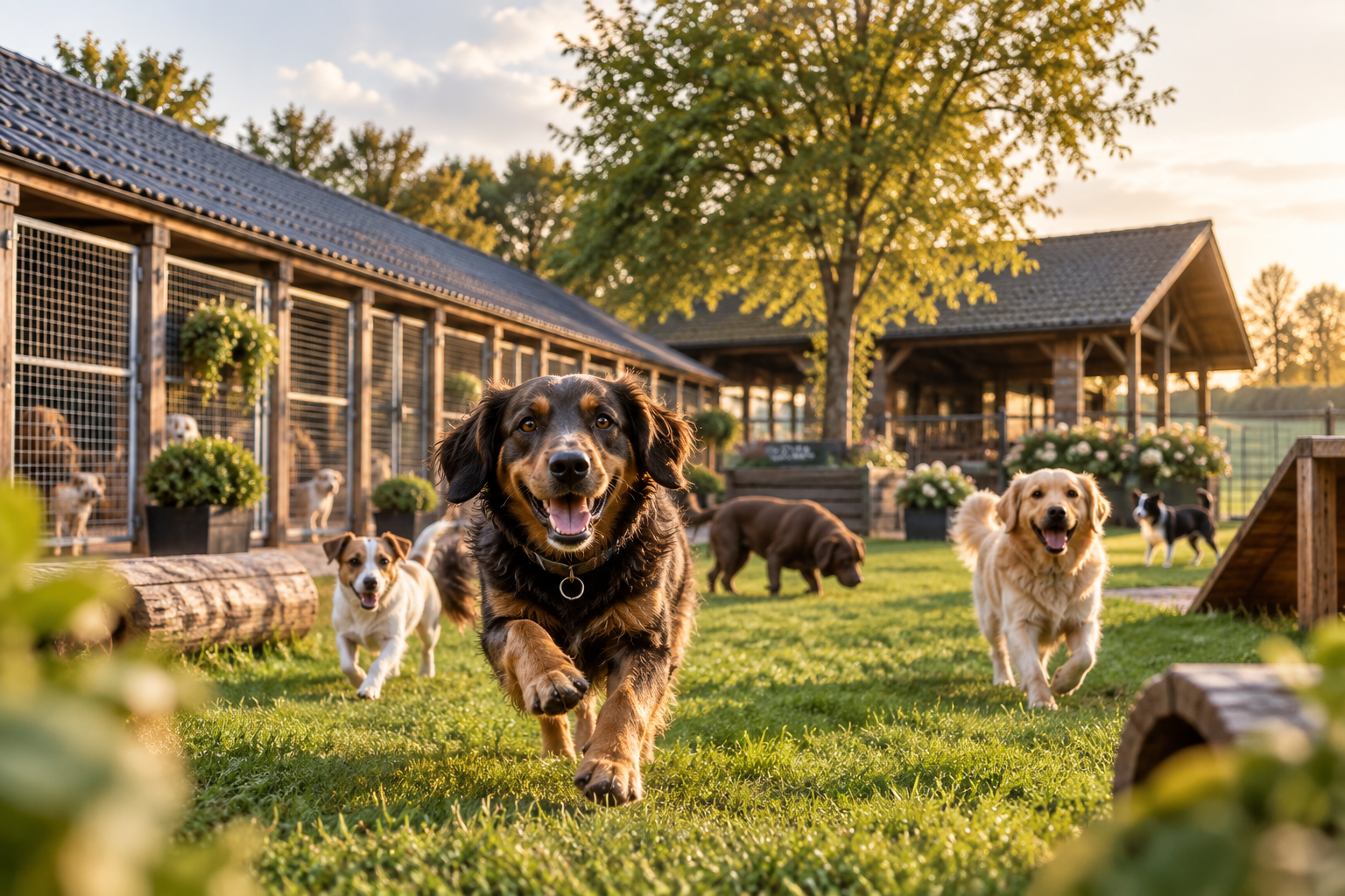 Hunde in einer liebevoll gestalteten Hundehotel auf dem Bauernhof