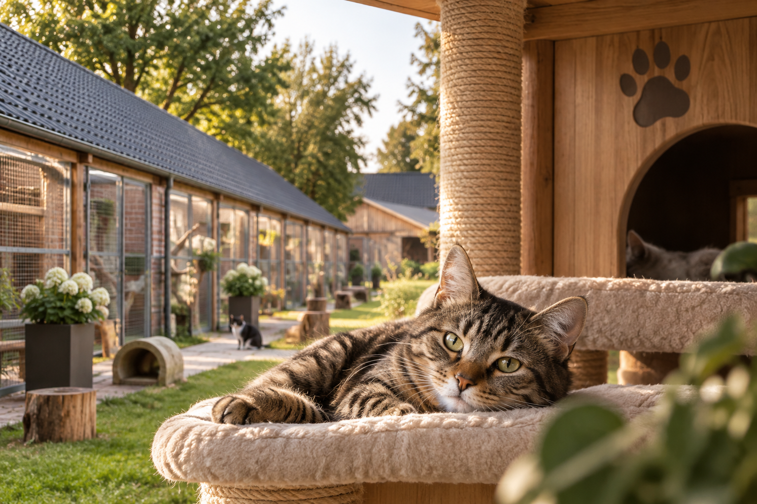 Katze in einer liebevoll gestalteten Katzenpension auf dem Bauernhof